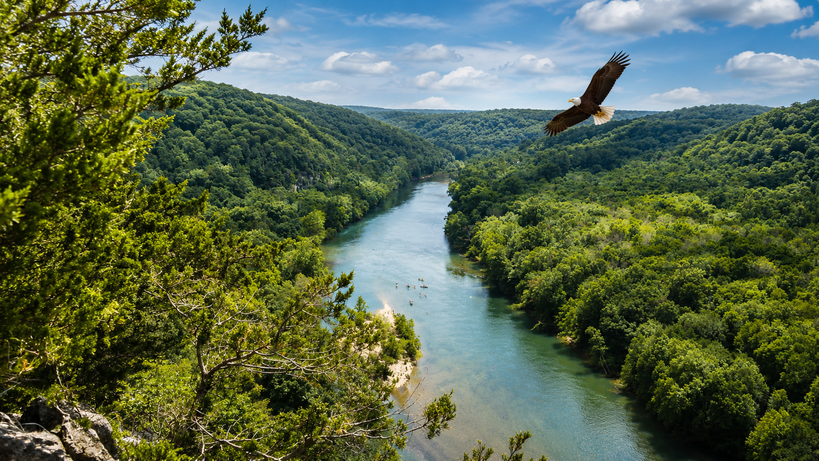 Current River estate with fishing, boating, and eagle activity at golden hour